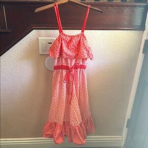 Wild Fire Red Floral Sundress Boho Cottagecore Midi Ruffled Bow Dress Size Large